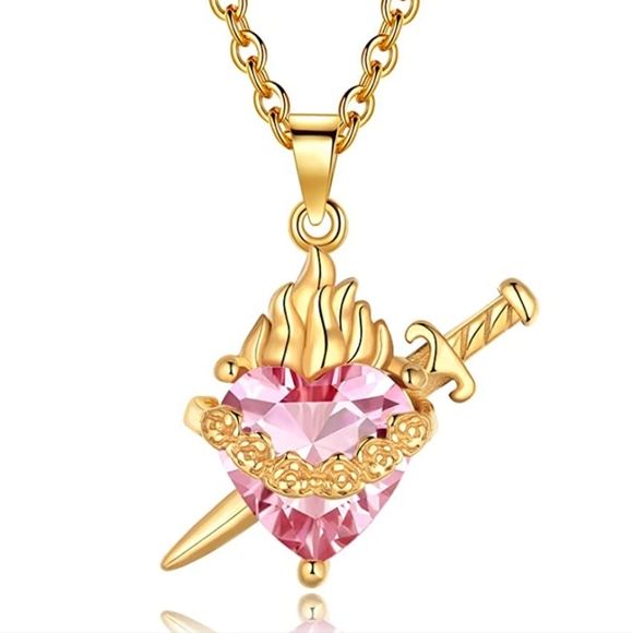 Immaculate Heart of Mary Gold Necklace with Simulated Pink Topaz - Picture 1 of 5